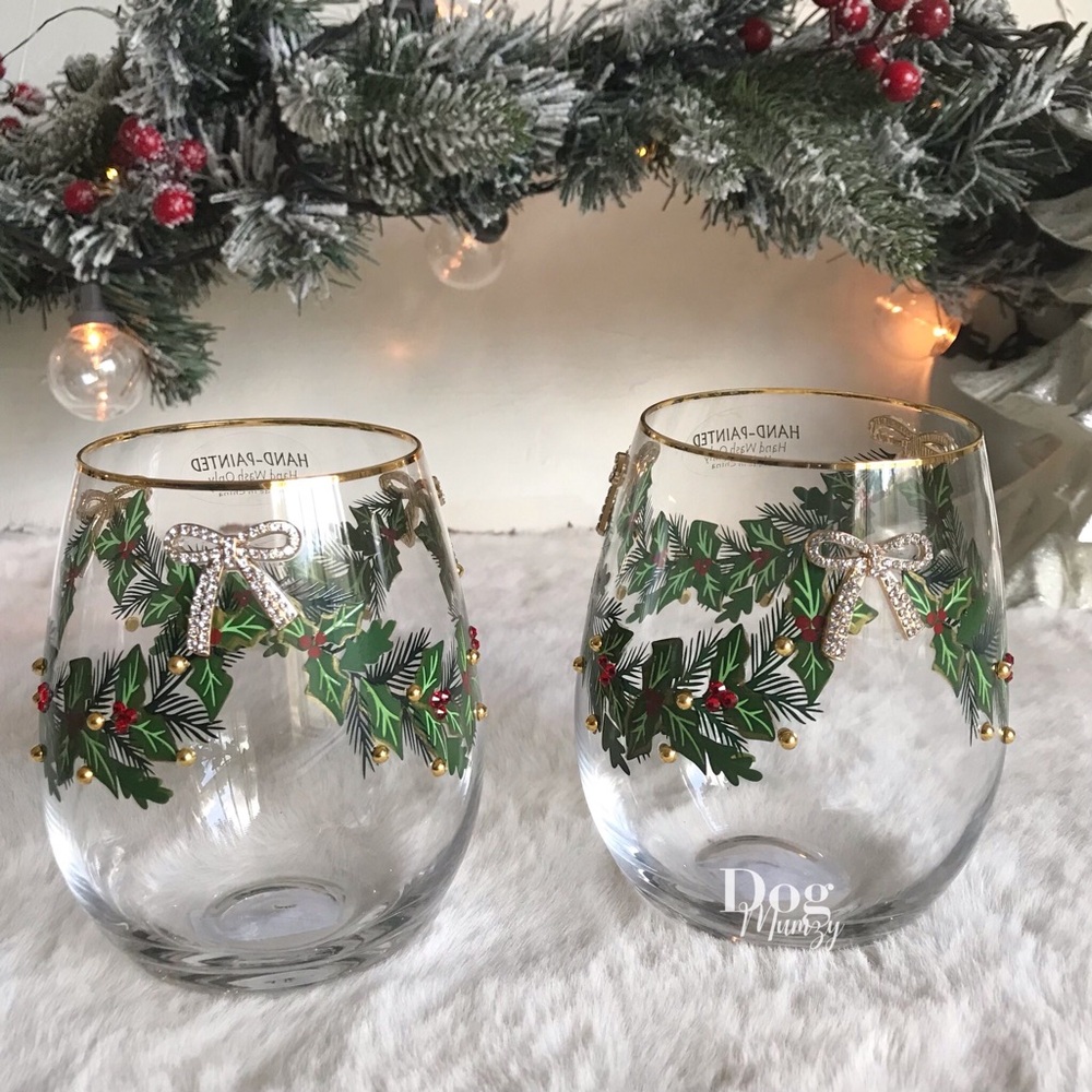 2 Gold Rimmed Holly Berry Ribbon Bow Christmas Stemless Wine Glass